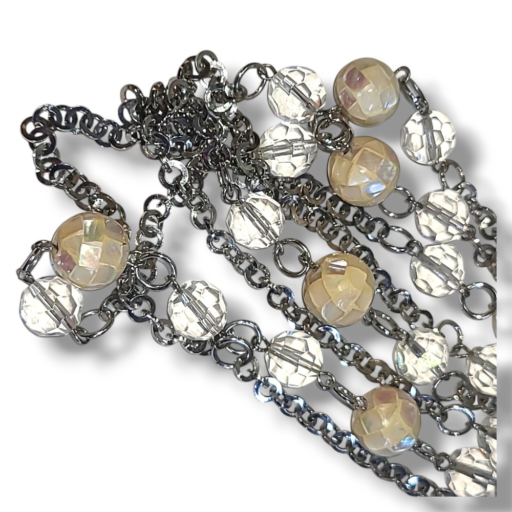 Long Silver Tone MOP Mosaic Disco Ball & Crystal Bead Station Necklace 58"